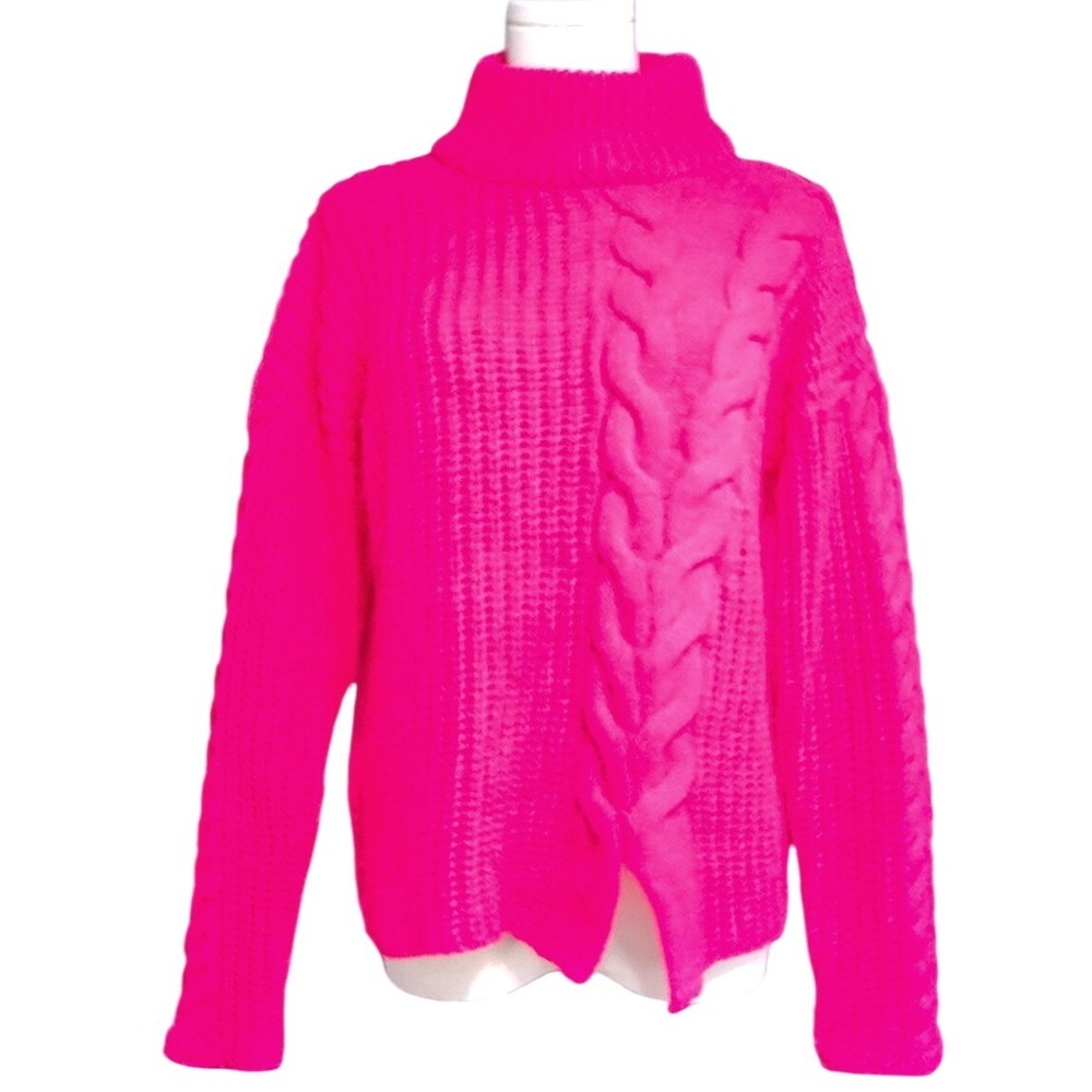 Poof Apparel Mock Neck Cable Knit Sweater slit accent bright hot pink S Small